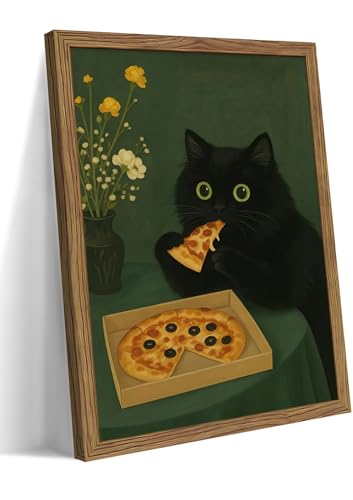 Framed Black Cat Wall Art, Cute The Cat Eating Pizza