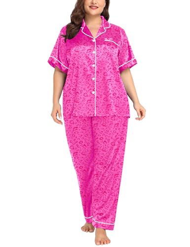 Image of SWOMOG Women's Plus Size Pajamas Silk Satin Pajama Set Short Sleeve Shirt with Full-Length Pants Pjs Sleepwear Set 18W-26W