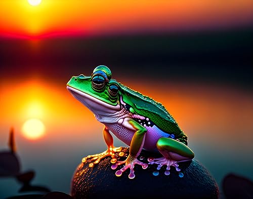 Poster grenouilles coucher de soleil surréaliste sur toile lilypad deco murale chambre 58x90