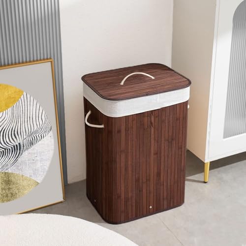 Image of LUXE HOME INTERNATIONAL Stripe Bamboo Laundry Basket with Lid | Eco-Friendly, Foldable & Lightweight Organizer (Brown, 40x30x60 cm, Pack of 1)