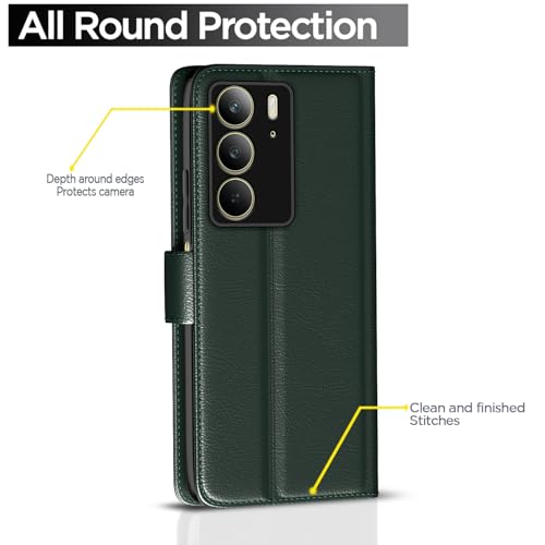 Image of Pikkme Flip Cover Leather Finish | Inside TPU with Card Pockets | Wallet Stand and Shock Proof | Complete Protection Button Flip Case for Realme C75(Green)