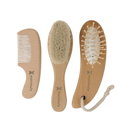 minimutz Baby Bürstenset 3-teilig Buchenholz, Weiche Bürste Neugeborene, Babypflege Milchschorf Kamm, Geschenk zur Geburt