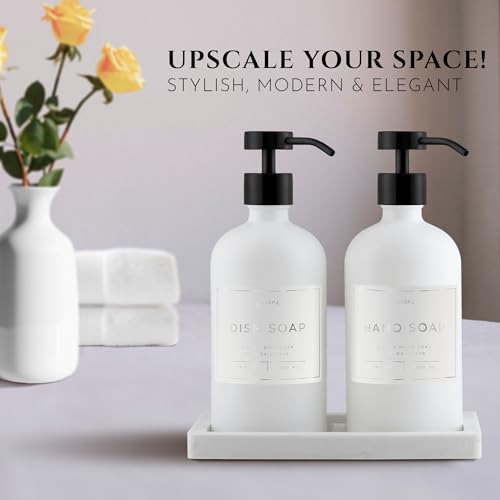 Glass Soap Dispenser Set of 2 (White) with Silicone Tray | Hand and Dish Soap Dispenser for Kitchen and Bathroom | 16.8 Oz Glass Bottles with Stainless Steel Pump & 15 Waterproof Labels (White/Black) - image 2