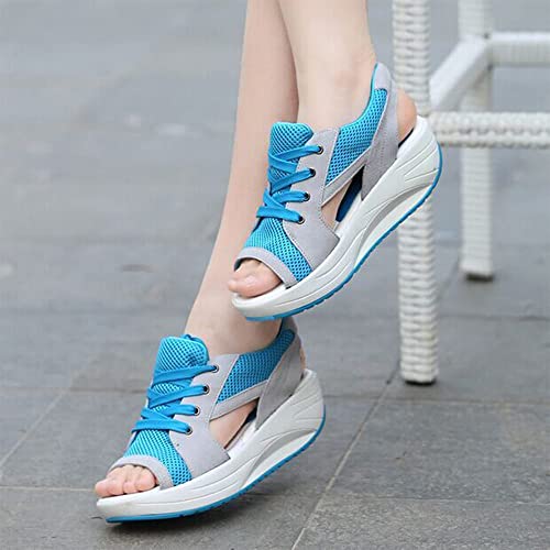 Contrast Paneled Cutout Lace-Up Muffin Sandals, Non-Slip Mesh Platform Wedge Sneaker, Causal For Camping Beach, Women Causal Summer Toe Platform Sandals Shoes (Blue,42) #TOP1