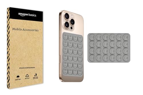 Image of amazon basics Suction Phone Case Anti-Slip Silicone Multipurpose Hands-Free Sticky Pads for Phone Case Mount for Selfies Videos Mirror Shower Car Dashboard - Gray (1 Piece)