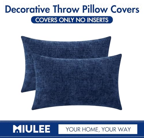 Image of MIULEE Pack of 2 Couch Throw Pillow Covers 12x20 Inch Spring Soft Navy Chenille Lumbar Pillow Covers for Sofa Living Room Solid Dyed Cases
