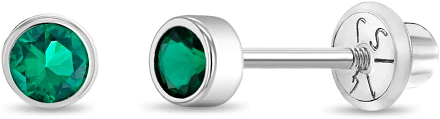 In Season Jewelry Bezel Simulated Birthstone Kids Earrings - 14k White Gold Earrings for Girls with Secure Screw Backs - Safe & Comfortable for Kids & Little Girls