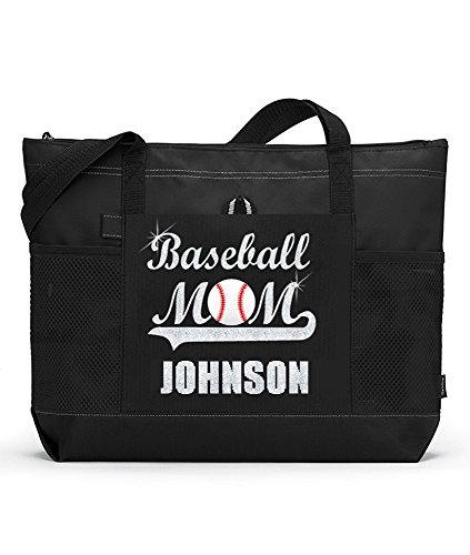 Baseball Mom Sports Tote with a Player's Name in Silver Glitter or Soft Solid White on a Black Bag. Fast and