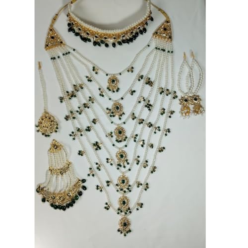 Image of TAZAKKA satlada traditional indian seven stand pearl necklace mughal hisporicall with jadavi earrings side jhumar maang tikka 5pies set