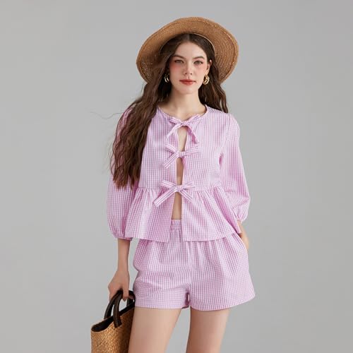 Image of Yuemengxuan Women Y2k Two Piece Plaid Lounge Sets Puff Sleeve Tie front Blouse Top High Waist Shorts Casual Pajamas Sets