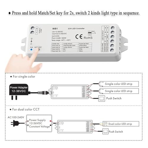 Controlador LED de 2 canales profesional DC12V 24V para control de tiras CCT 4