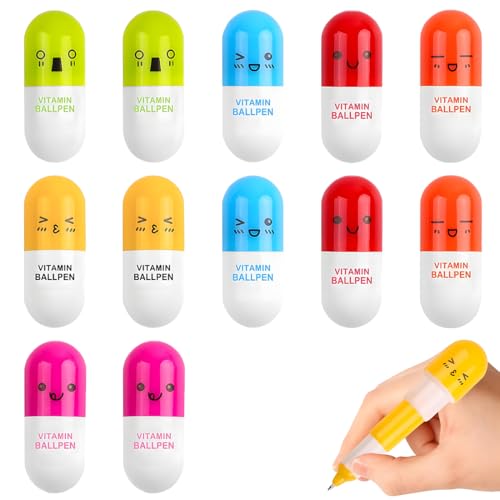 JEYORZY 12 Pcs Stylo à bille rétractable, Mini Vitamine Pilule stylos à bille rétractables, Stylo Télescopique Pill Capsule Stylo pour Enfant Maison Ecole...