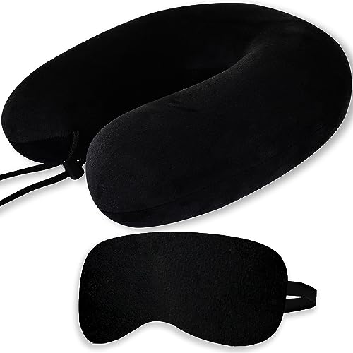 Trajectory Travel Neck Pillow Rest Cushion with Eye Mask Combo for Travel in Flight car Train Airplane with 2 Years Warranty for Sleeping for Men and Women (Black, Polyester)