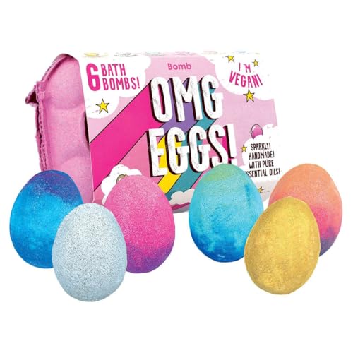 Bomb Cosmetics OMG Eggs Coffret cadeau avec 6 bombes de bain en forme d'œuf, fabriquées avec des huiles essentielles pures et des paillettes, parfums...