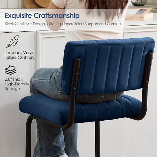 Image of ONEVOG 24 Inch Counter Bar Stools Set of 2, Mid-Century Modern Counter Height Cantilever Bar Chairs for Kitchen Island, Upholstered Velvet Fabric Barstools with Back and Matte Metal Legs, Navy Blue