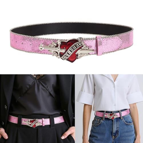 Glittering Heart Buckle Belt For Female Girl Cool Sequined Waistband All Matching Belt For Everyday Use Various Outfit Women'2
