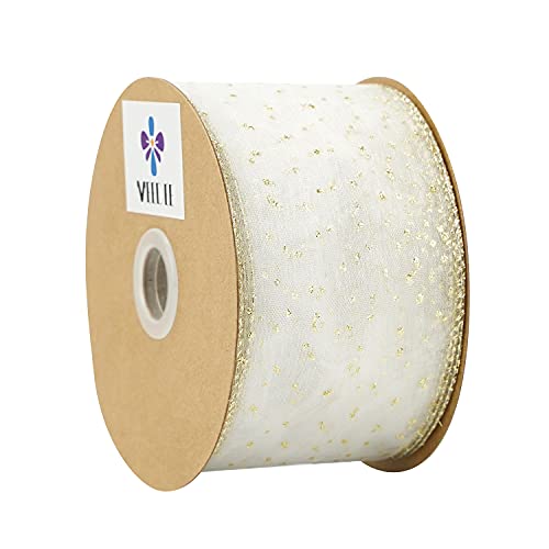 Meedee White And Gold Polka Dot Ribbon 2.5 Inch White Organza Ribbon With Gold Glitter White Gold Wired Ribbon By 25 Yards, For Gift Wrapping Tree Garland Topper Bow Wreaths Wedding Favors Decorating #TOP5