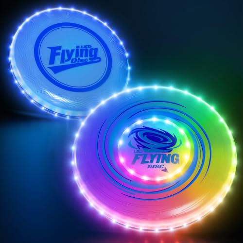 HYES 2 Pack Light up Flying Discs for Kids Rechargeable Disc with 45 LEDs 14 Lighting Modes(10)&Built-in Battery Disc(7.8) Glow in The Dark Ring for Beach/Camping/Outdoor Sport