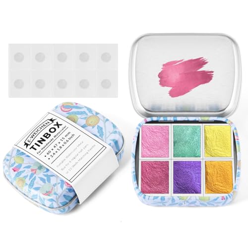 Art Supplies Handmade Watercolor Paint Set - 6 Metallic Gold Colors Half Pans Glitter Solid Water Color- Metal Case Sparkle Pearlescent Watercolour for Artists. Purple Pink Red