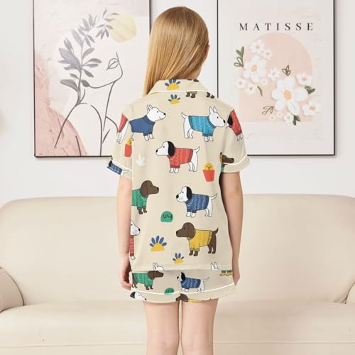 Satin Pajama Sets Short Sleeve Dogs Wearing Sweaters Pattern Print Button Down Silky Nightwear 2 Piece PJS 5-14Y4