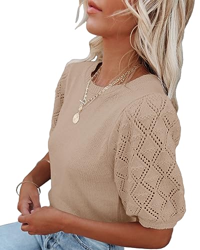 Image of Womens Short Sleeve Sweaters Crewneck Knit Pullover Tops 2025 Summer Casual Lightweight Crochet Blouse Shirt