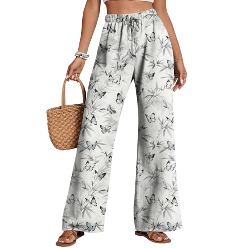 Womens Butterfly Print Pants Summer Casual Drawstring Waist Pants Floral Dragonfly Graphic Trousers Lightweight