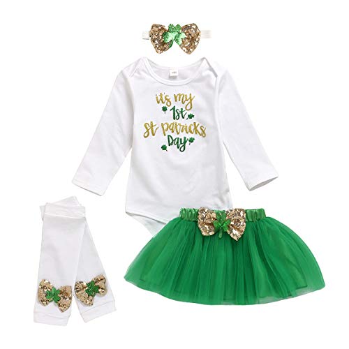 KONIGHT Its My First ST Patricks Day Baby Girl Outfit Green Shamrock Romper+Tutu Skirt+Leg Warmers+Headband (Its My First ST Patricks Day, 6-12 Months)
