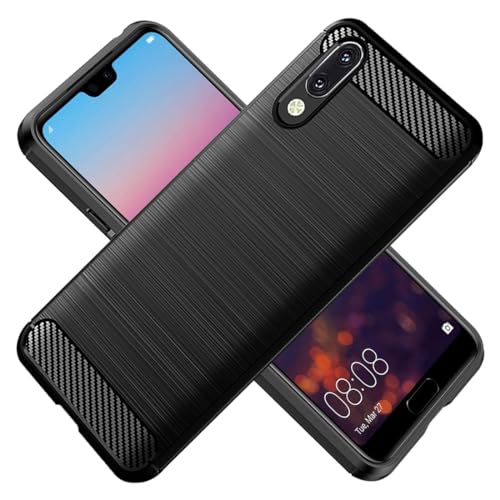 KOARWVC Coque de téléphone pour Huawei P20, EML-L09 EML-L29 Coque en fibre de carbone antichoc robuste anti-rayures Coque arrière en TPU souple pour Huawei P20 (noir)