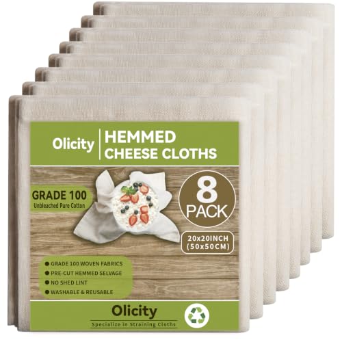 Image of Olicity Cheesecloth Bulk, 8PCS, Grade 100, 20x20Inch Hemmed Cheese Cloth Fabric Reusable Fine Mesh Cloth, 100% Cotton Unbleached Precut Muslin Cheesecloth for Straining, Cooking, Baking, Cheese