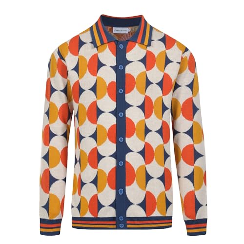 OXKNIT Men's Retro Knit Polo Shirts Button Down Long Sleeve Casual Jacquard Blue Cardigan Sweater