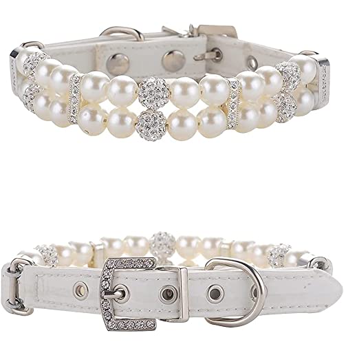 Dogs Kingdom Dog Cat Pearls Necklace Collar with Rhinestones Charm Cute Puppy Jewelry Collar with Soft Leather Adjustable,White,M:10-12″ neck Dogs Kingdom Dog Cat Pearls Necklace Collar with Rhinestones Charm Cute Puppy Jewelry Collar with Soft Leather Adjustable,White,M:10-12″ neck