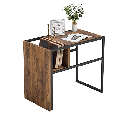 Cubiker End Table, C Shaped Reversible Side Table With Wooden Shelf, Snack Side Table For Living Room, End Table For Sofa Couch And Bed, Metal Frame Nightstand Deep Brown #TOP3