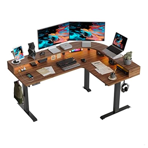 FEZIBO Triple Motor L Shaped Stadning Desk with LED Strip & Power Outrlets，63 inches Height Adjustable Stand up Corner Desk with Ergonomic Monitor Stand, Black Frame/Black Walnut Top
