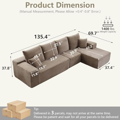 Image of 135 inch Cloud Sectional Couch with L-Shape Chaise, Modern Modular Comfy Sofa Chaise Longue, Upholstered Corduroy Couches Sleeper with Deep Seat for Living Room Bedroom, No Assembly Required, Camel