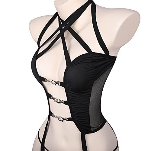 [SENMHS] セクシー ランジェリー セット レディース コスプレ ボディコン レオタード ハイレグ レースクイーン ビスチェ ガーター ストッキング ボンテージ 大人用 衣装 下着 仮装 ハロウィン 誘惑 透け感 - 画像4