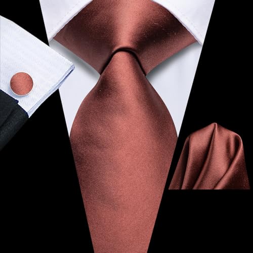 Image of Hi-Tie Bronze Ties for Men Silk Solid Mens Ties and Flower Lapel Pin Pocket Square Cufflinks Set 4PCS Necktie for Wedding