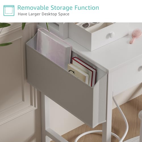 Image of White Makeup Vanity Desk with Mirror and Lights, Small Girls Vanity Set with Chair, Make Up Dresser Table with Drawers and Power Outlet for Bedroom Small Space