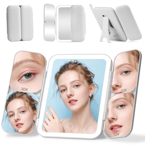 Junyaoxuan Tri-fold Vanity Mirror with Light,1X/5X/10X/20X/30X Makeup Magnifying Mirror with Lights,Rechargeable Travel Makeup Mirror with Foldable Stand,Dimmable in 3 Colors,Touch Control