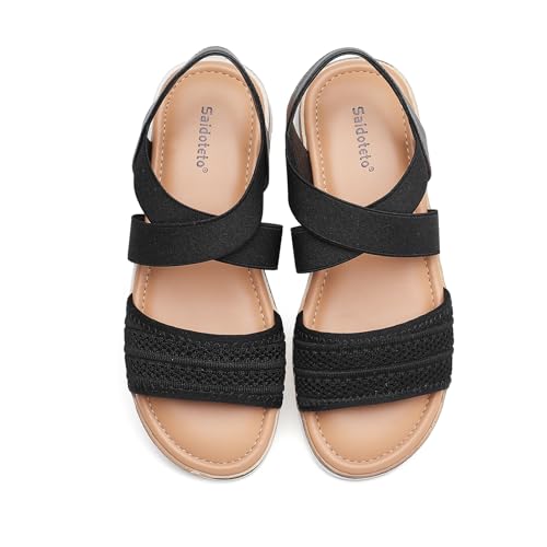 Image of Saidoteto Women's Flat Sandals,Comfortable Elastic Ankle Strap Slingback Slip-On Open Toe Low Wedge Walking Sandals for Summer & Casual