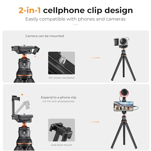 K&F CONCEPT Flexible Tripod, Mini Flexible Tripod for Camera with Bluetooth Remote, 1/4'' Screw Hidden Phone Holder with Cold Shoe Mount, 3kg Load Capacity - Image 2