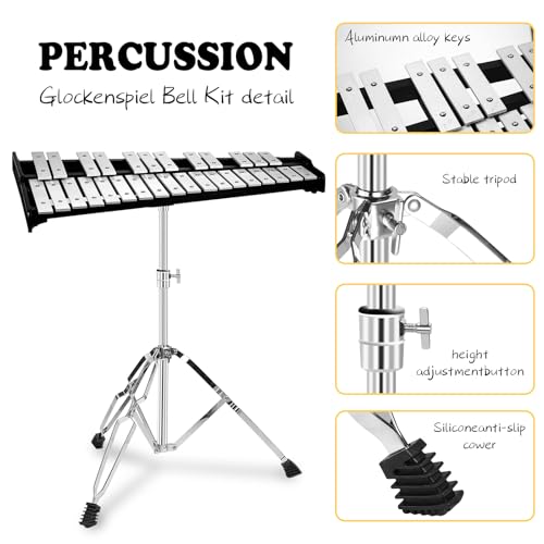 Image of Soulmate 30 Notes Glockenspiel Xylophone Bell Kit with 8'' Drum Practice Pad Professional Percussion Instrument for Adults & Beginner Students