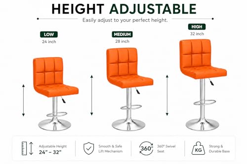 Image of Kemon KaiMeng Modern Adjustable Swivel Bar Stool Chair with Backrest, PU Leather Hydraulic Counter Stool with Footrest for Kitchen Island, Cafe & Home Bar, Orange, Square Tufted Back Stool