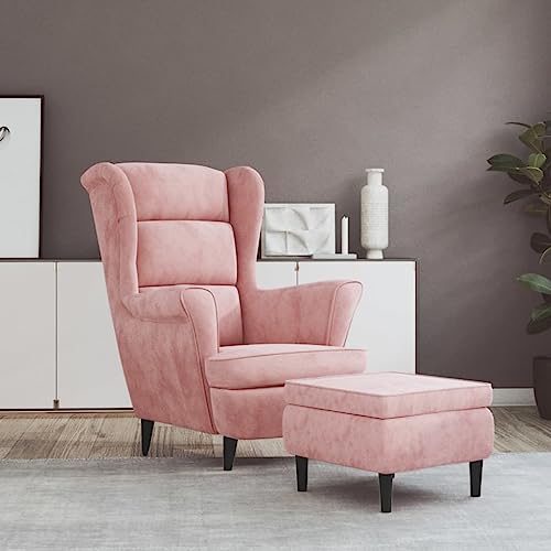 Emmtore Sillón orejero y Taburete de Terciopelo Rosa