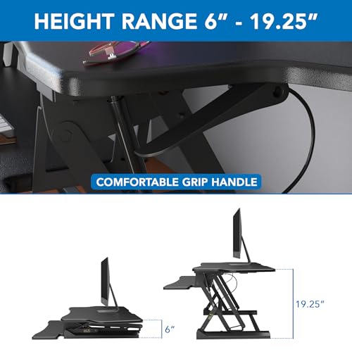 Image of Mount-It! Standing Desk Converter, 48 inch Wide Sit Stand Desk Riser with Dual Gas Spring Handles, Height Adjustable from 6 inch-19.25 inch, Extra Large Tabletop for 2 Monitors, Keyboard Tray & Device Slot, Black