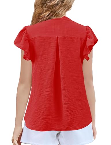 Image of Floral Find Girls Casual Ruffle Short Sleeve V Neck Textured Shirts Summer Dressy Tunic Top Blouses