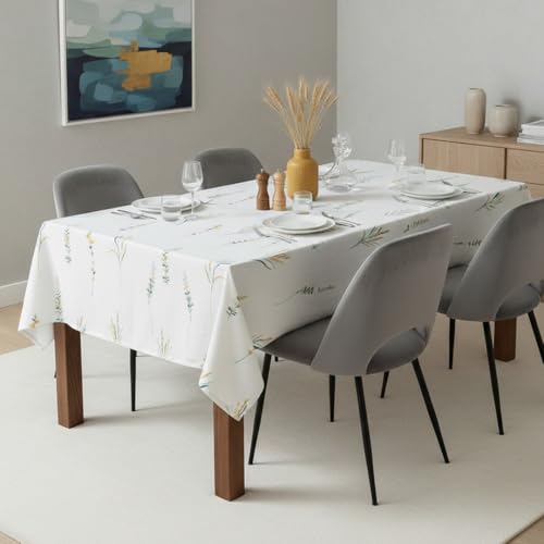 Image of HOMEMONDE 100% Cotton 4 Seater Table Cloth, 45 x 60 Inches Floral Printed Table Cover for Home Decor (114 x 152 CM, Leafscape - Yellow & Green)