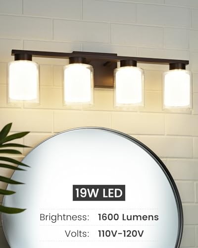 Image of kudos 4-Light Bathroom Light Fixtures, Oil Rubbed Bronze Vanity Lights with Clear Glass and Frosted Glass, Modern LED Wall Sconces for Bathroom, 3000K /4000K /5000K Adjustable, KDVL04-ORB-4