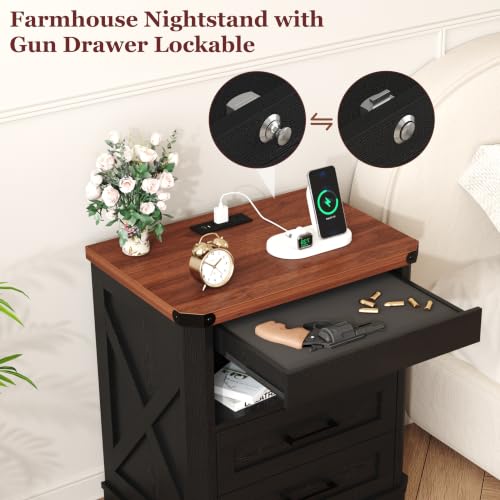 Image of Yusong Farmhouse Night Stand with Gun Drawer & Invisible Lock, Rustic Wooden Night Stand with Charging Station, Beside Table with Drawers and Open Storage, End Tables for Bedroom, Black
