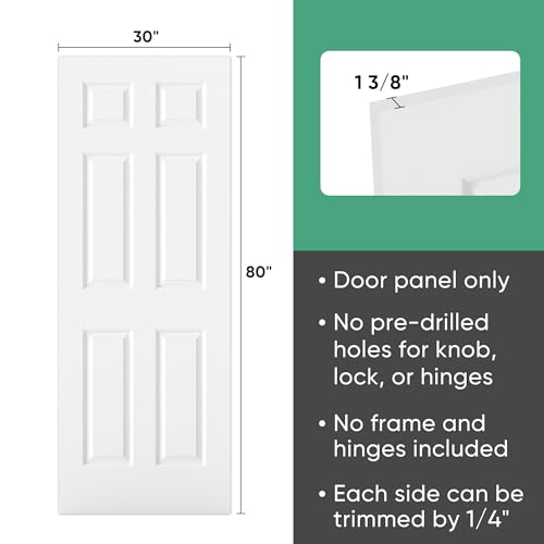 Image of BARNSMITH 30x80 in Raised 6-Panel Textured White Primed Door Slab, Classic Style Paintable Hollow Core Interior Door Panel, for Pocket, Swing, Sliding Door, No Pre-Drilling, Durable and Lightweight