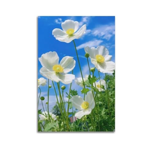 Décoration murale artistique moderne avec plante et anémone blanche 60 x 90 cm